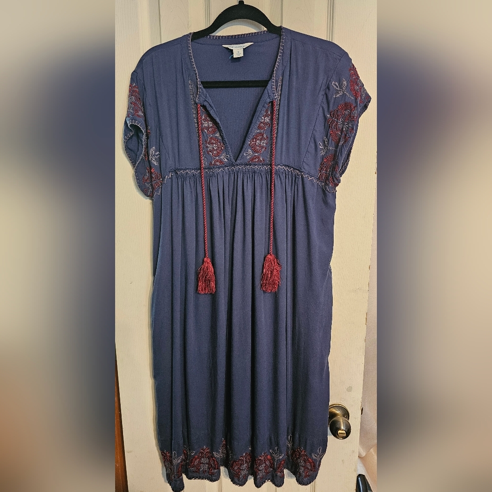 Embroidered Navy Blue Dress with Red Accents